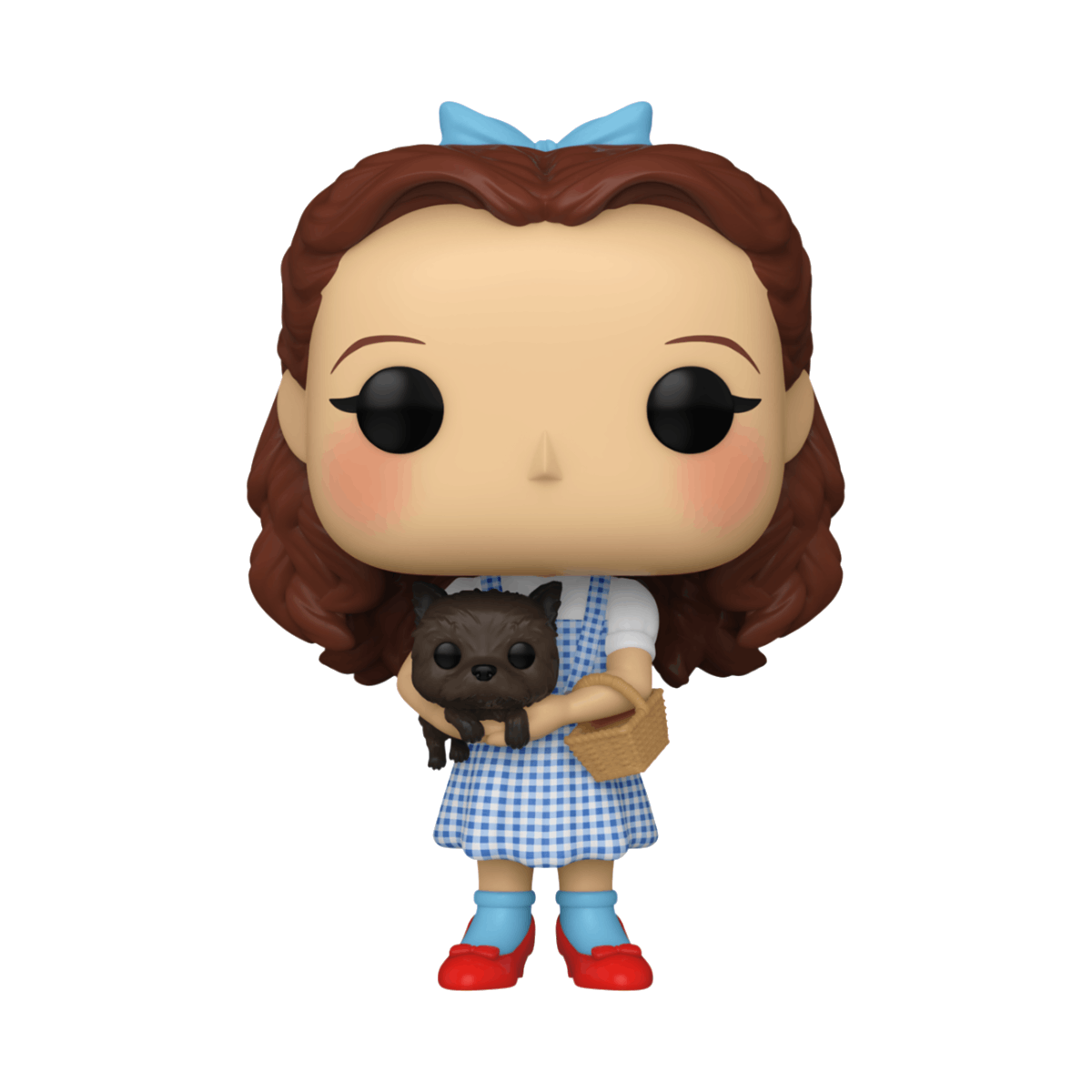 Dorothy Funko Pop con perro y cesta. Viste vestido azul, zapatos rojos y lazo azul.