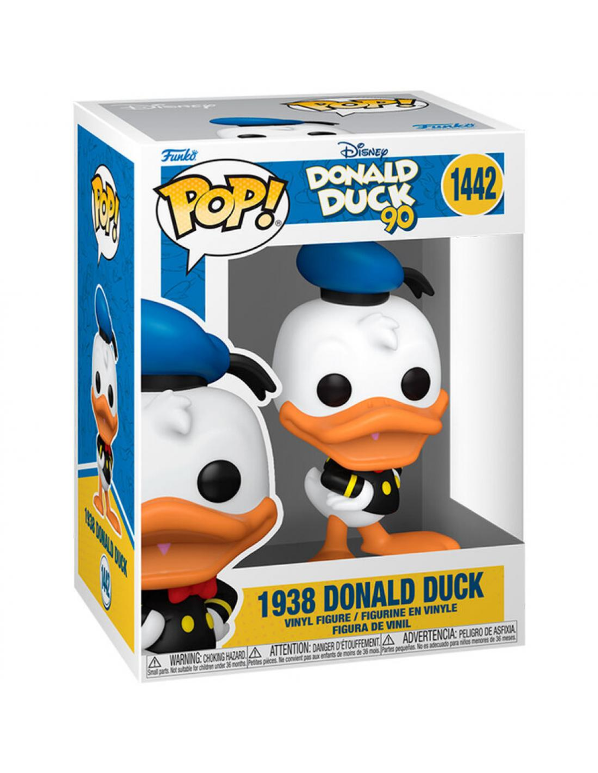 Figura Funko Pop de Pato Donald en caja. Gorro azul, cuerpo blanco, pico naranja.