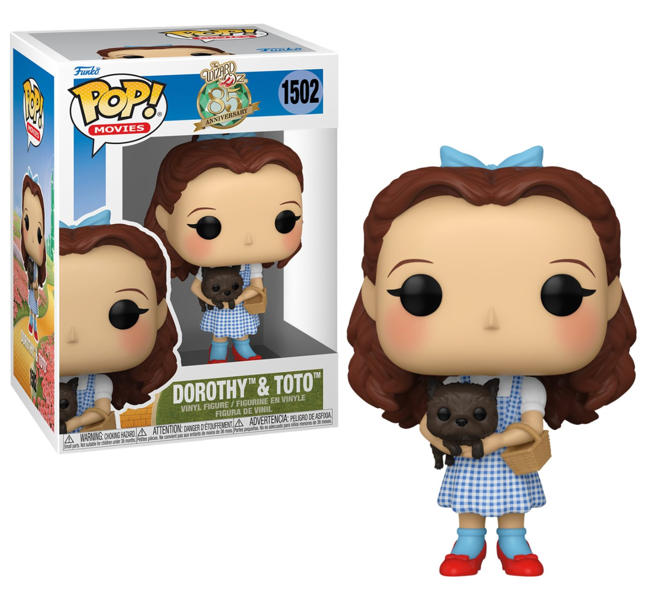 Figura Funko Pop de Dorothy y Toto, con caja, en exhibición temática del Mago de Oz.