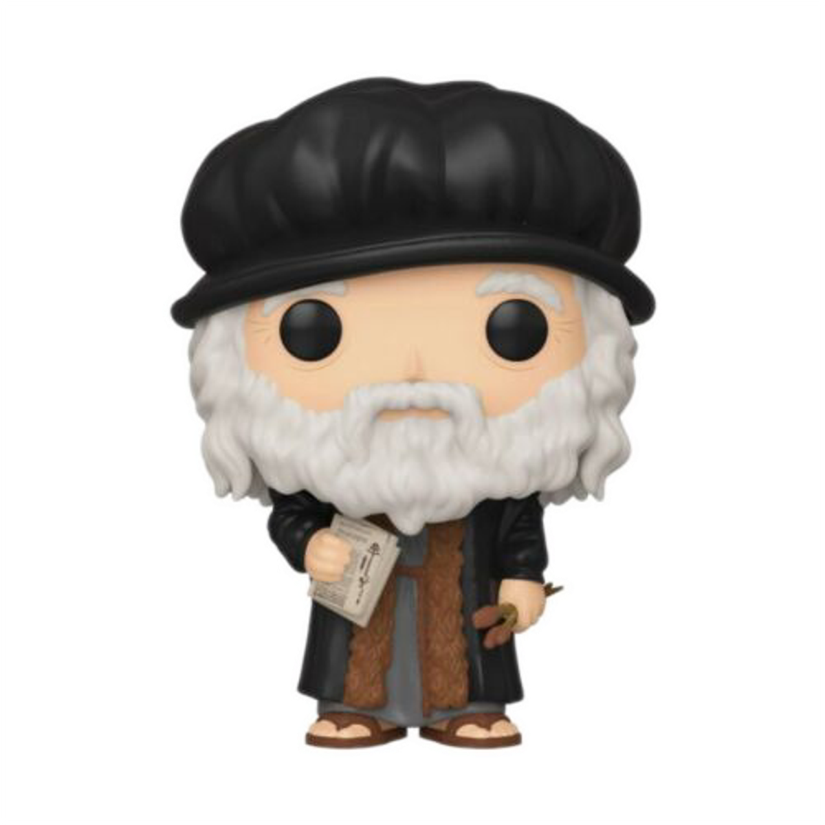 Funko Pop di Leonardo da Vinci, indossa un cappello e tiene in mano un foglio e una penna.
