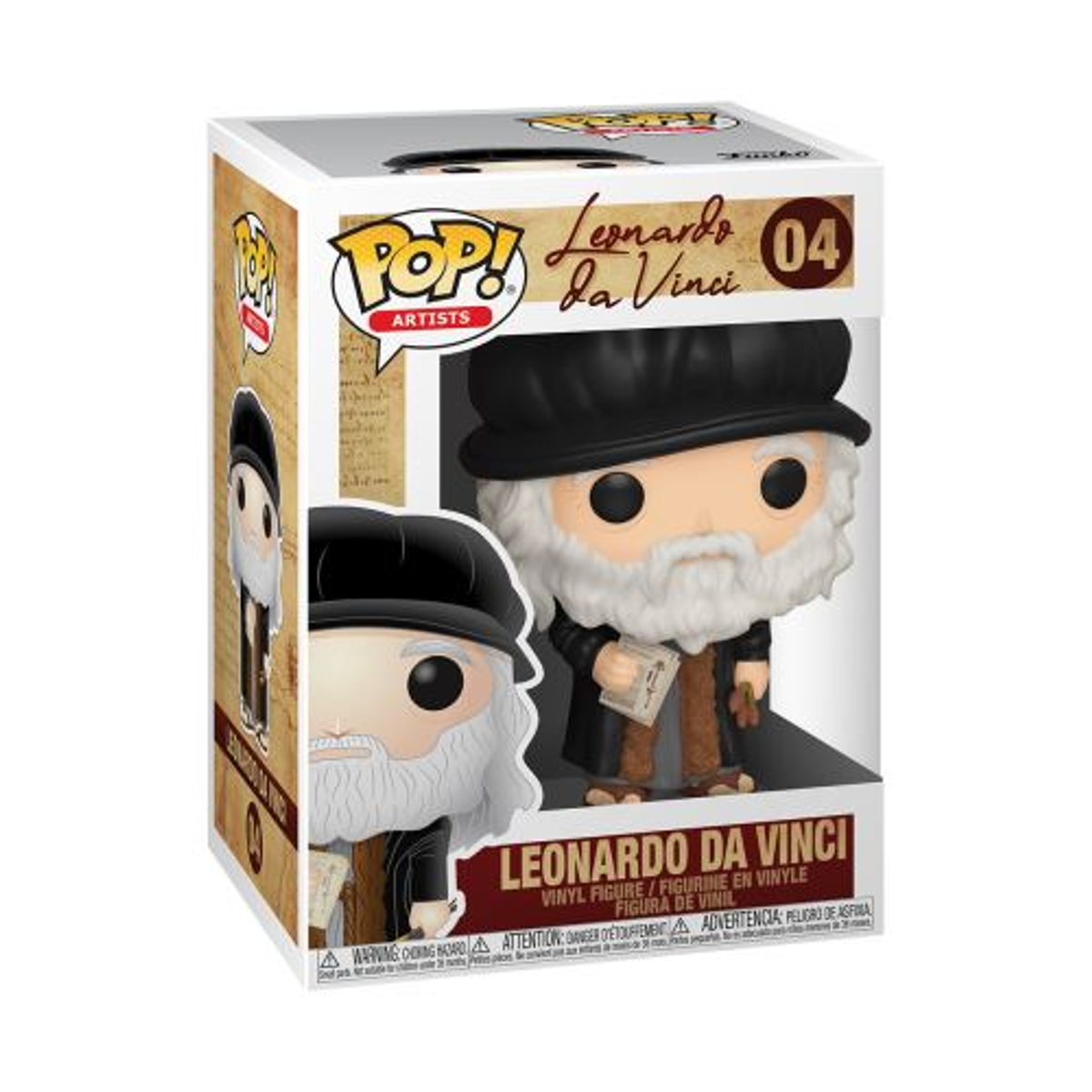 Funko Pop di Leonardo da Vinci in una scatola espositiva. Sfondo bianco.
