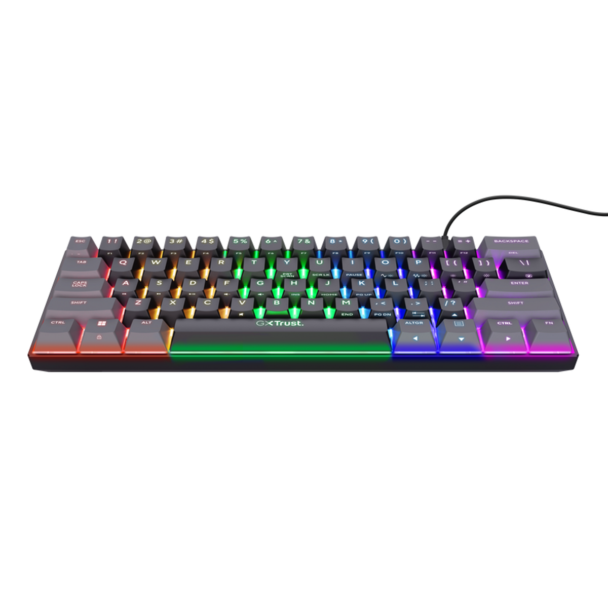 Una tastiera meccanica retroilluminata con illuminazione arcobaleno. Ha più tasti per diverse funzioni.