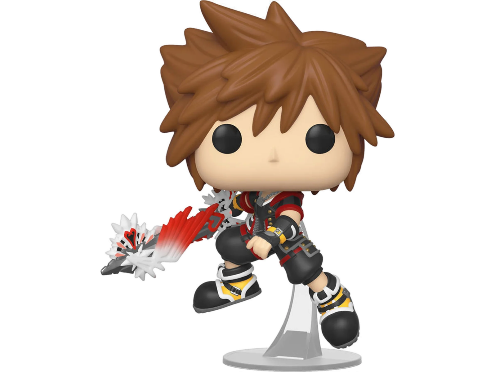 Figura Funko Pop de Sora, con cabello castaño puntiagudo, sosteniendo una espada llave roja y blanca, sobre un soporte.