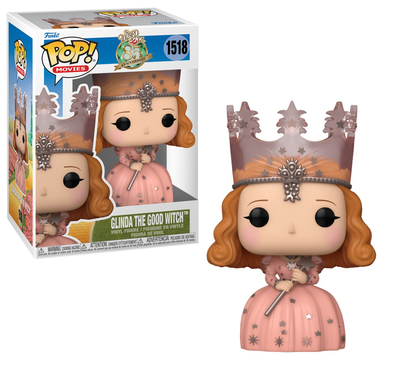 Funko Pop Figur von Glinda, der guten Hexe, mit Box. Sie trägt ein rosa Kleid und Krone.