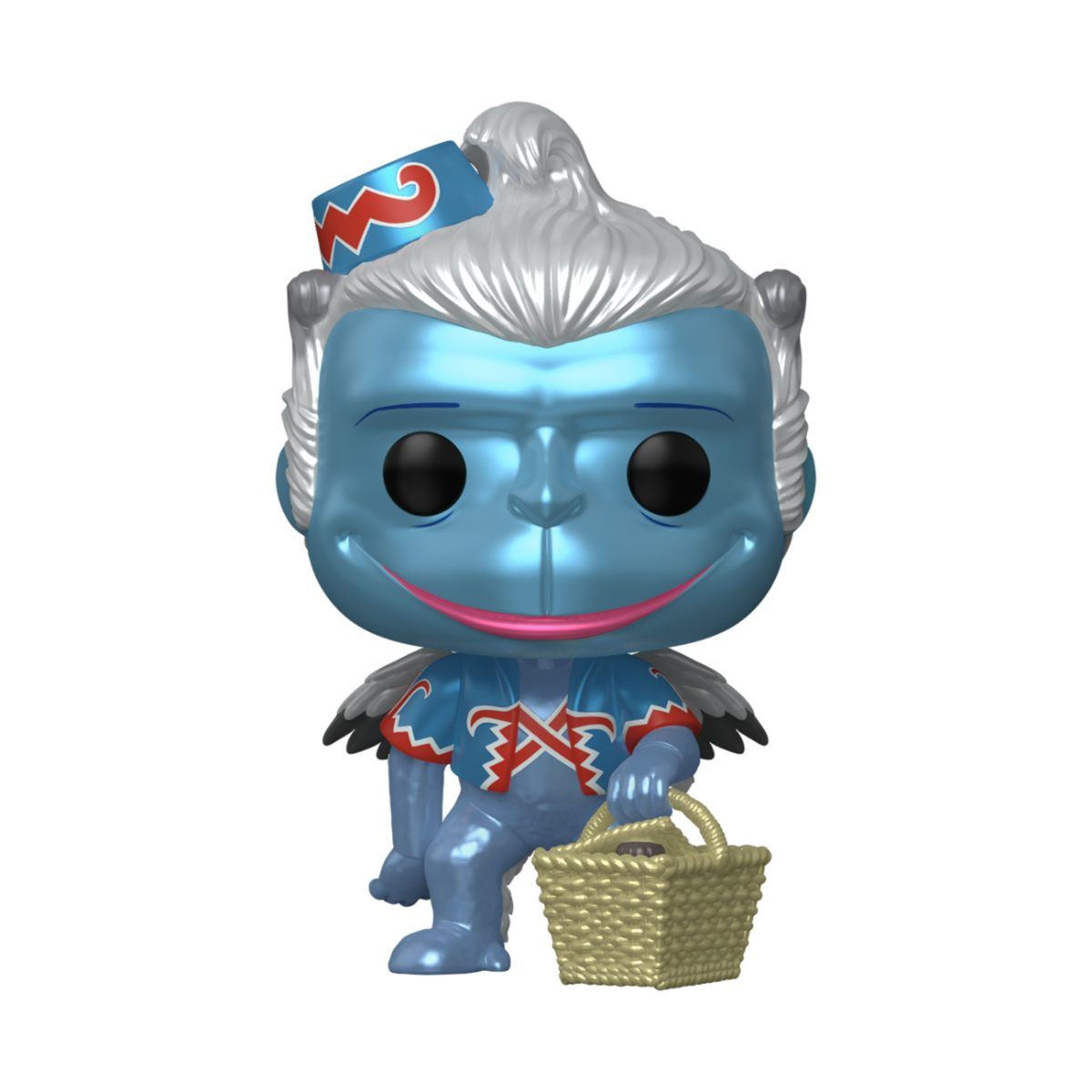 Una statuetta di scimmia alata blu del Mago di Oz, con un cestino.