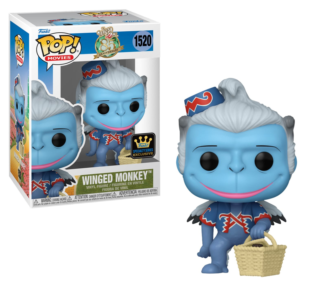 Figura Funko Pop di una scimmia alata blu, con un cestino, con scatola.
