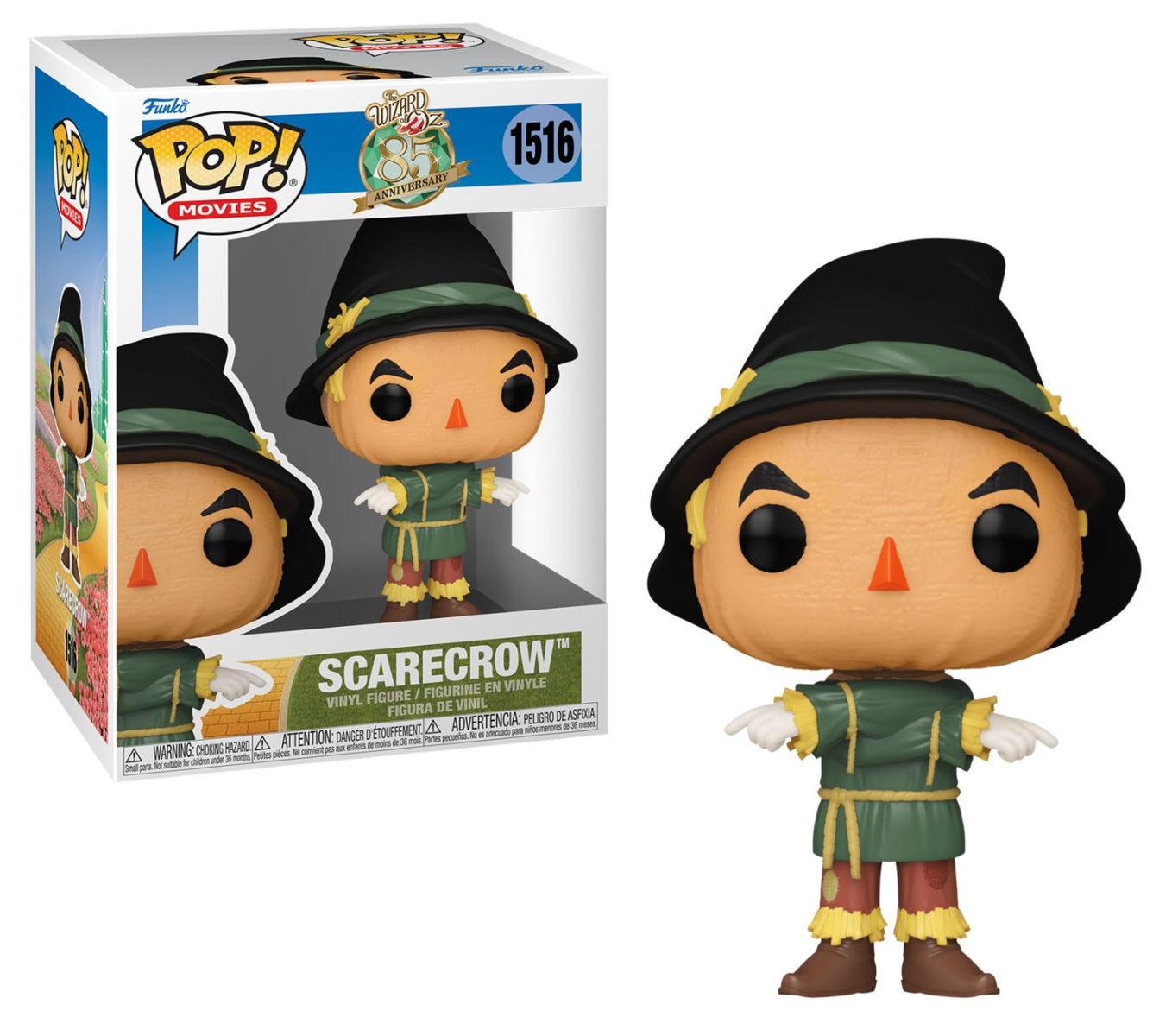 Figura Funko Pop dello Spaventapasseri de Il Mago di Oz. La scatola mostra la figura e il logo.