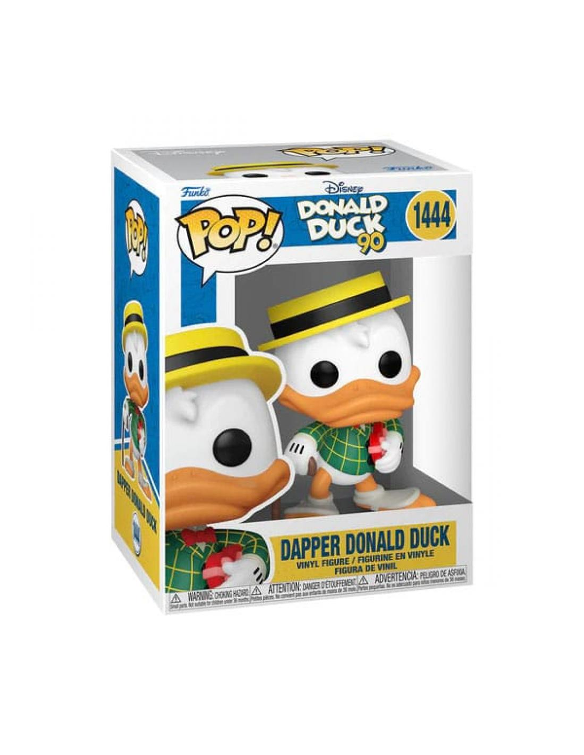 Una figura Funko Pop di Paperino elegante in una scatola. La figura indossa un cappello giallo e un abito verde.