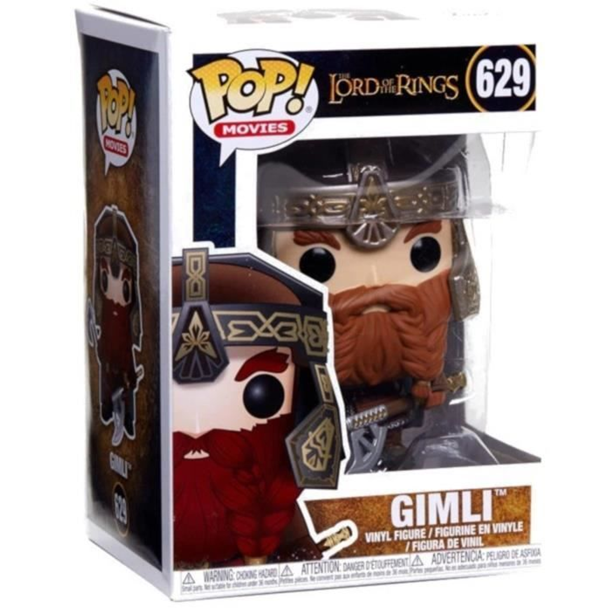Funko Pop de Gimli en una caja. La figura es Gimli de El Señor de los Anillos, con barba y casco.