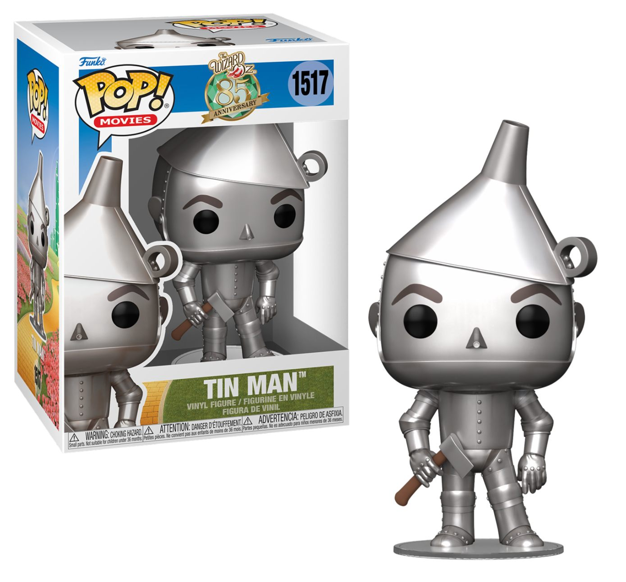 Figura del Hombre de Hojalata de El Mago de Oz, en embalaje. Muestra la figura y el arte de la caja con el nombre.