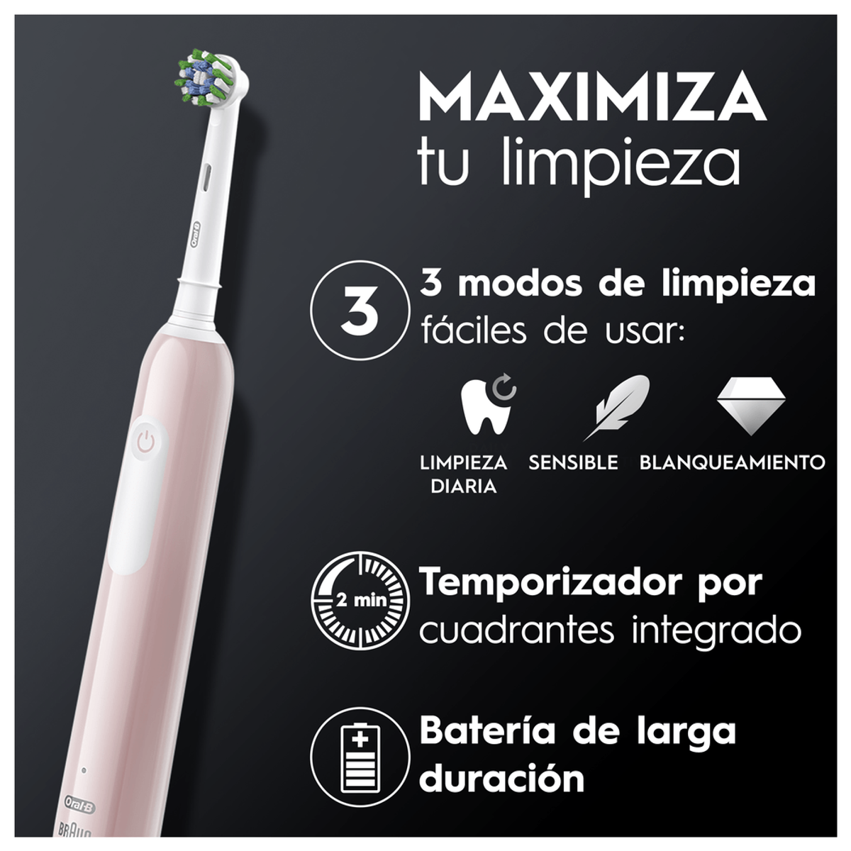 Cepillo dental eléctrico Oral-B rosa con tres modos de limpieza y temporizador de 2 minutos. Maximiza la limpieza.