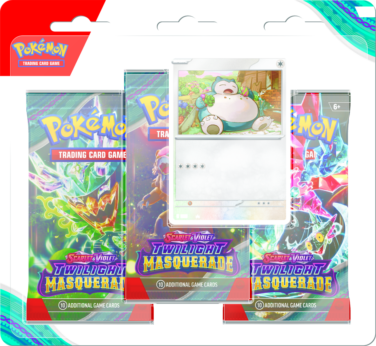 Pokémon-Sammelkartenpackungen mit einer Snorlax-Karte. Die Packungen sind in Lila und Grün gehalten.