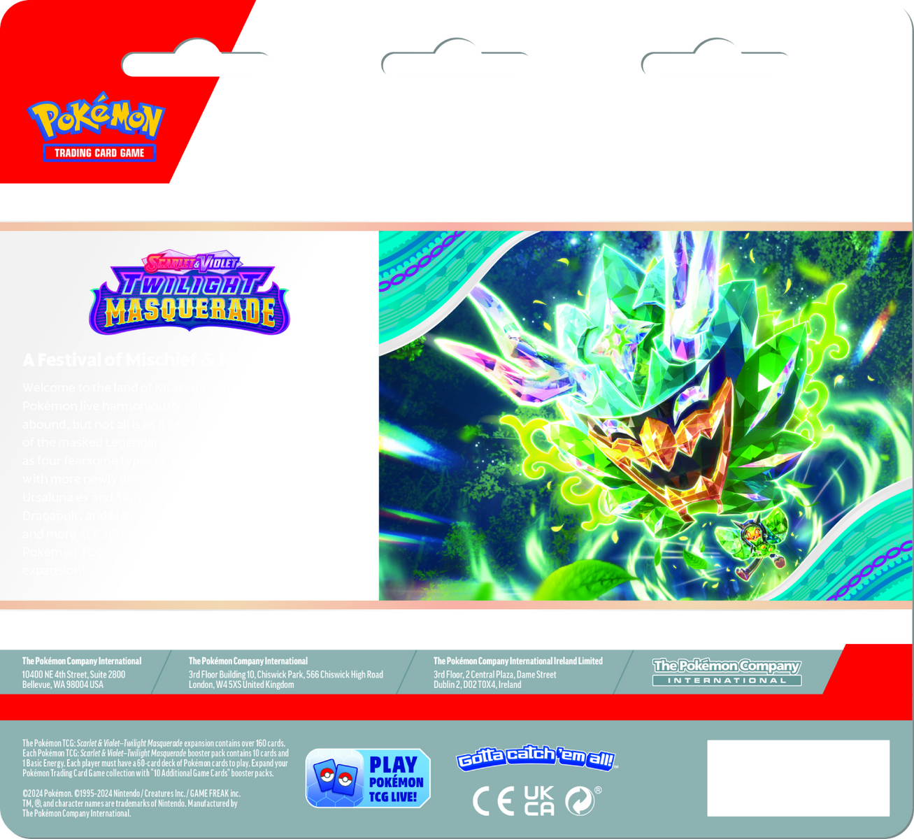 Rückseite der Pokémon-Kartenpackung. Die Vorderseite zeigt ein grünes, lila und goldenes Design. Es steht 'Twilight Masquerade'.