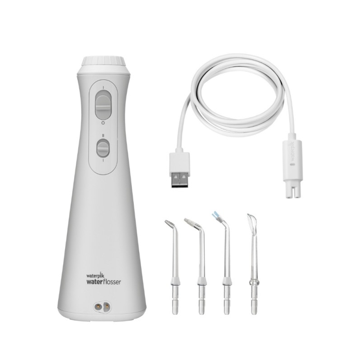 Idropulsore Waterpik bianco con accessori e cavo bianco.