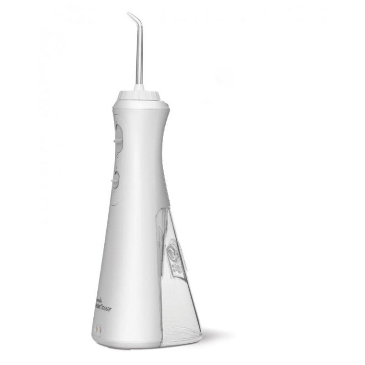 Un idropulsore Waterpik bianco su sfondo bianco.
