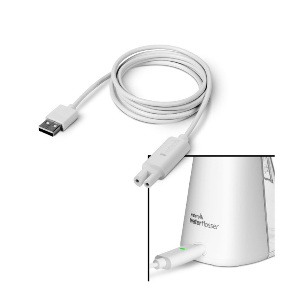 Cavo USB bianco con adattatore e idropulsore bianco. Primo piano sulla porta di ricarica.