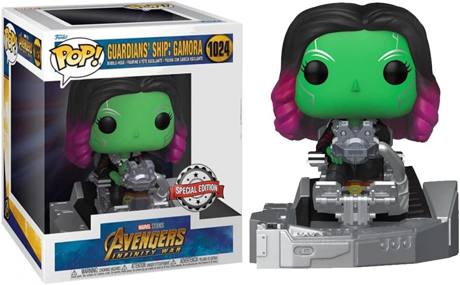Figura Funko Pop de Gamora en caja y exhibida con la nave de los Guardianes de la Galaxia.
