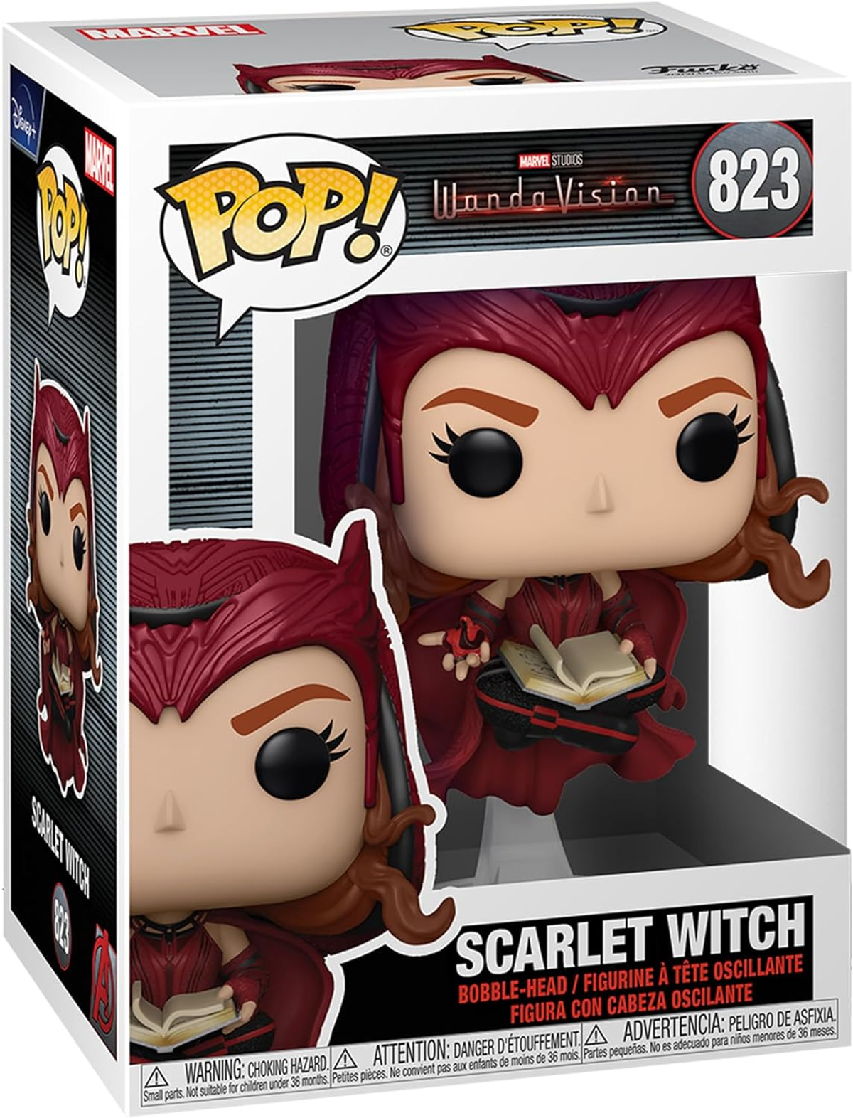 Funko Pop! Box der Scarlet Witch Figur, die ein Buch hält. Die Box zeigt die Figur.