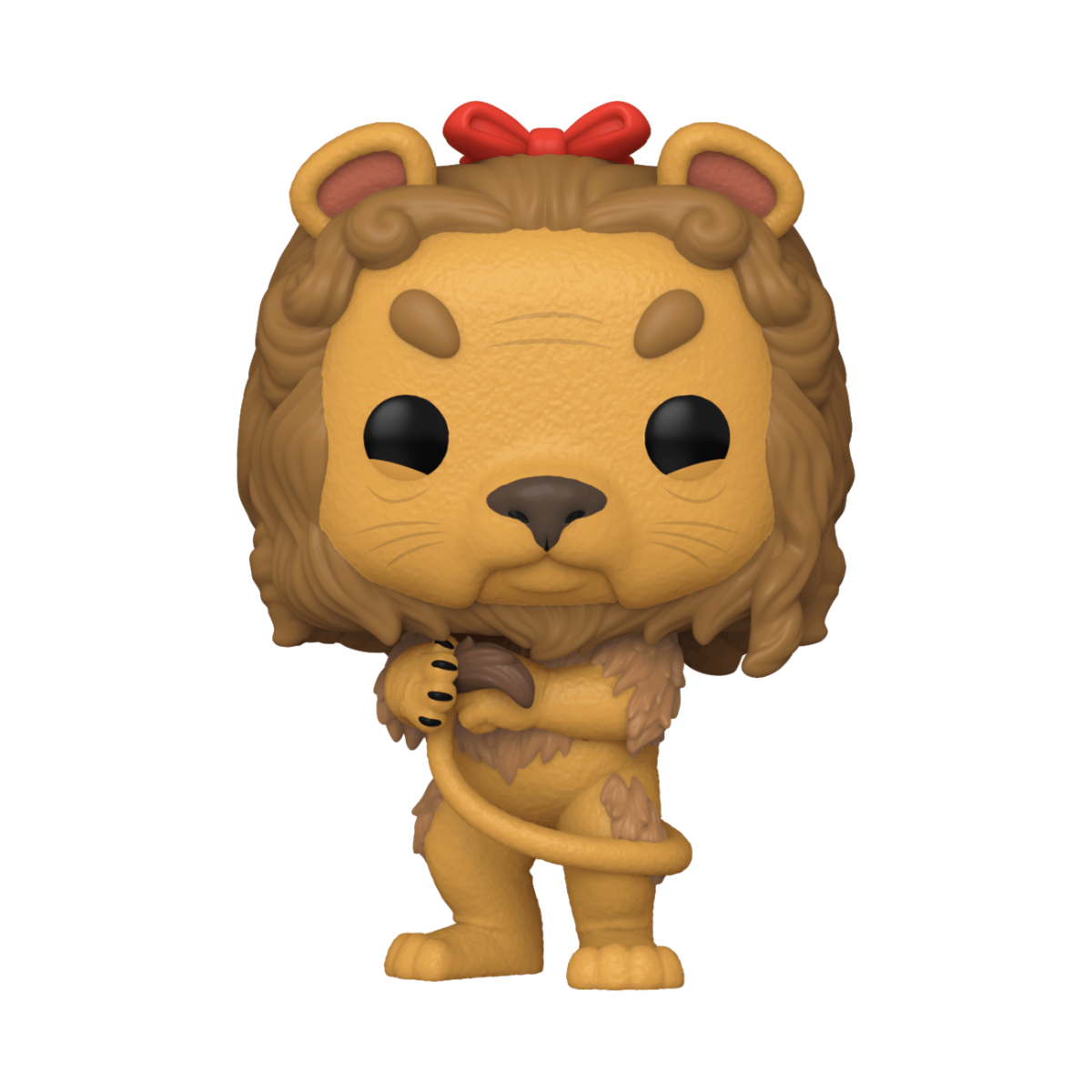 Figura Funko Pop del León Cobarde de El Mago de Oz. León amarillo, lazo rojo. Fondo negro.
