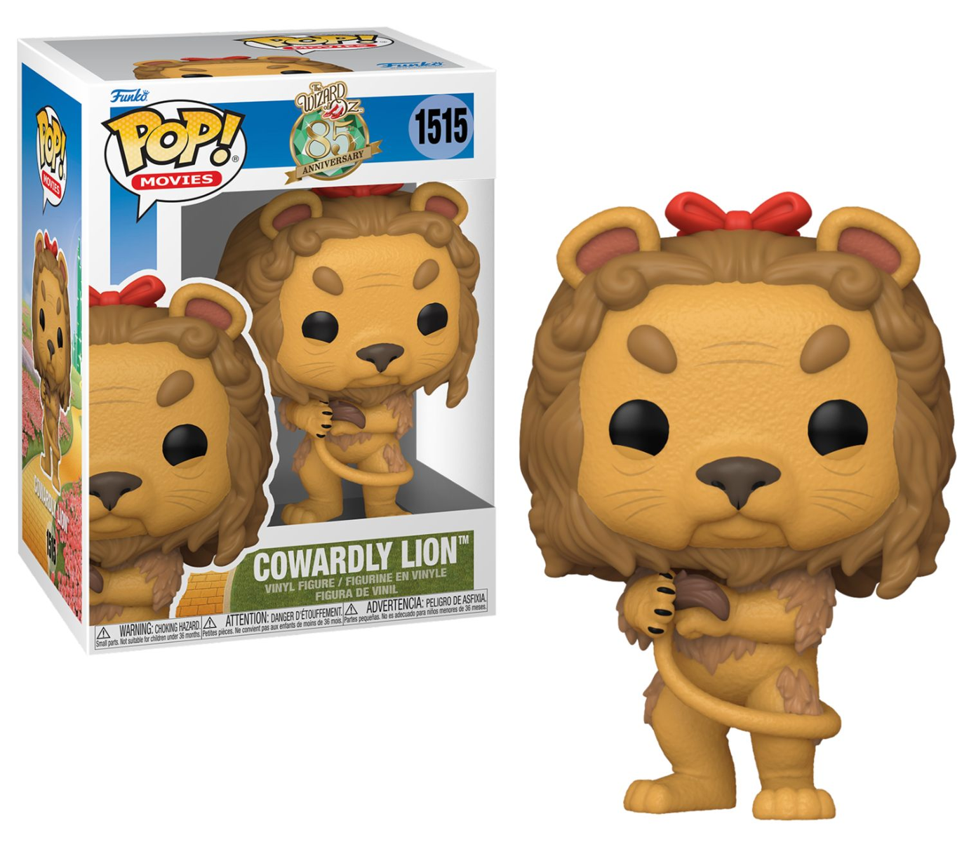 Figura Funko Pop del León Cobarde con lazo rojo y caja.