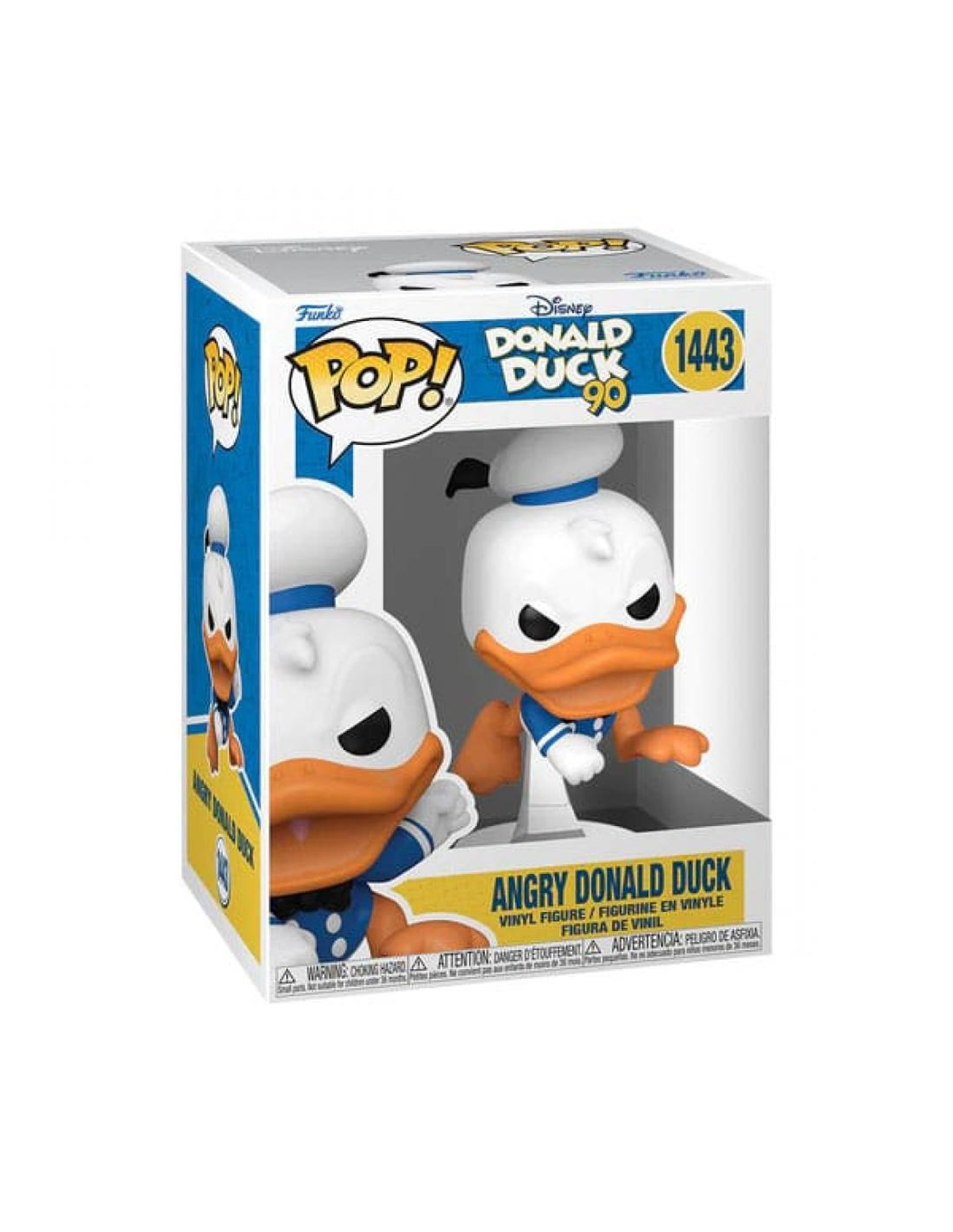 Eine Funko Pop Figur von Angry Donald Duck in einer Box. Die Figur ist weiß mit orangem Schnabel.