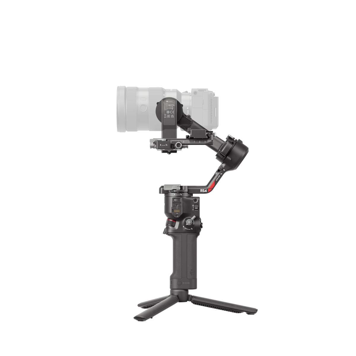 Kamera-Setup auf einem Gimbal, zeigt Kamera, Objektiv und Stativ.