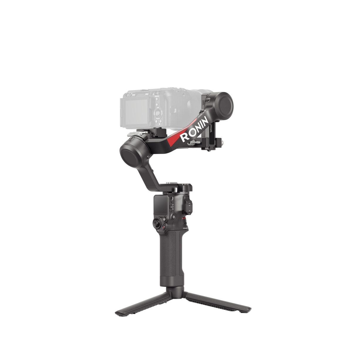 Eine schwarze Kamera auf einem Ronin-Gimbal-Stabilisator auf einem Stativ.