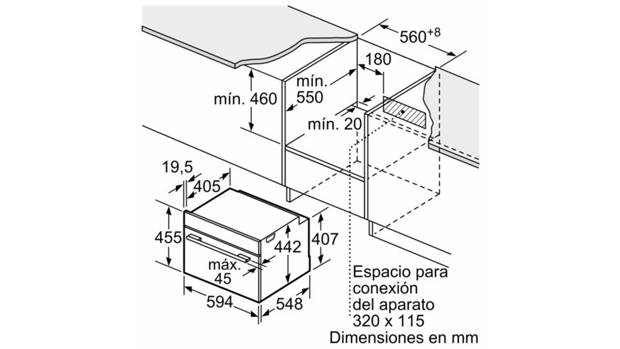 Dessin technique d'un four encastré, avec dimensions et exigences d'espace. Fond blanc.