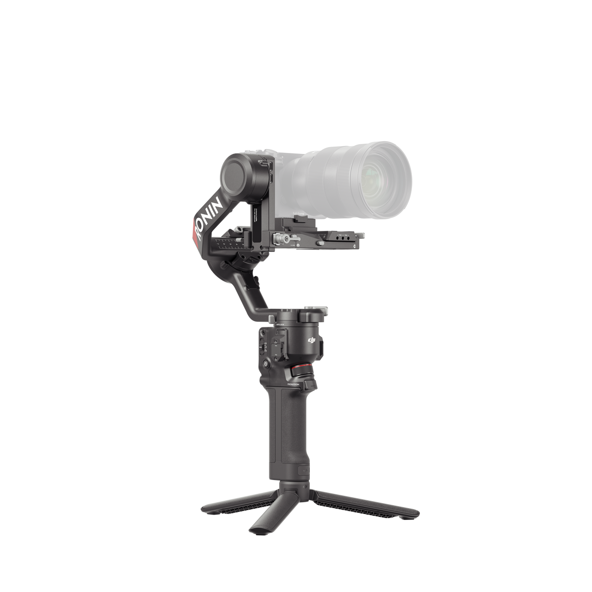 Eine Kamera mit Objektiv auf einem schwarzen Gimbal-Stabilisator montiert. Ein Stativ ist unten befestigt.