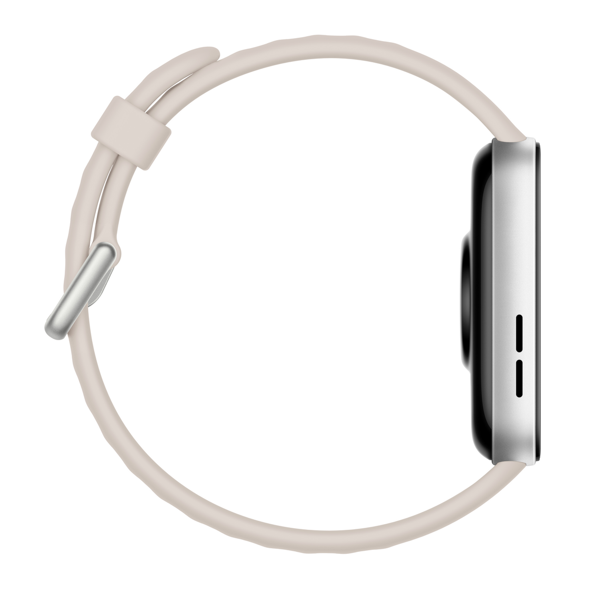 Widok z boku srebrnego smartwatcha z jasnobeżowym paskiem na białym tle.