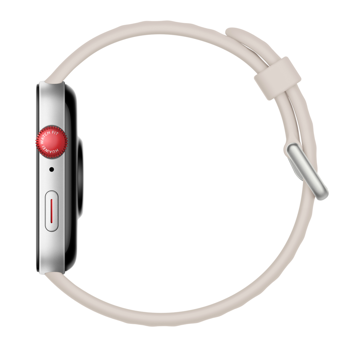 Smartwatch z jasnoszarym paskiem i czerwonym przyciskiem, widok z boku.