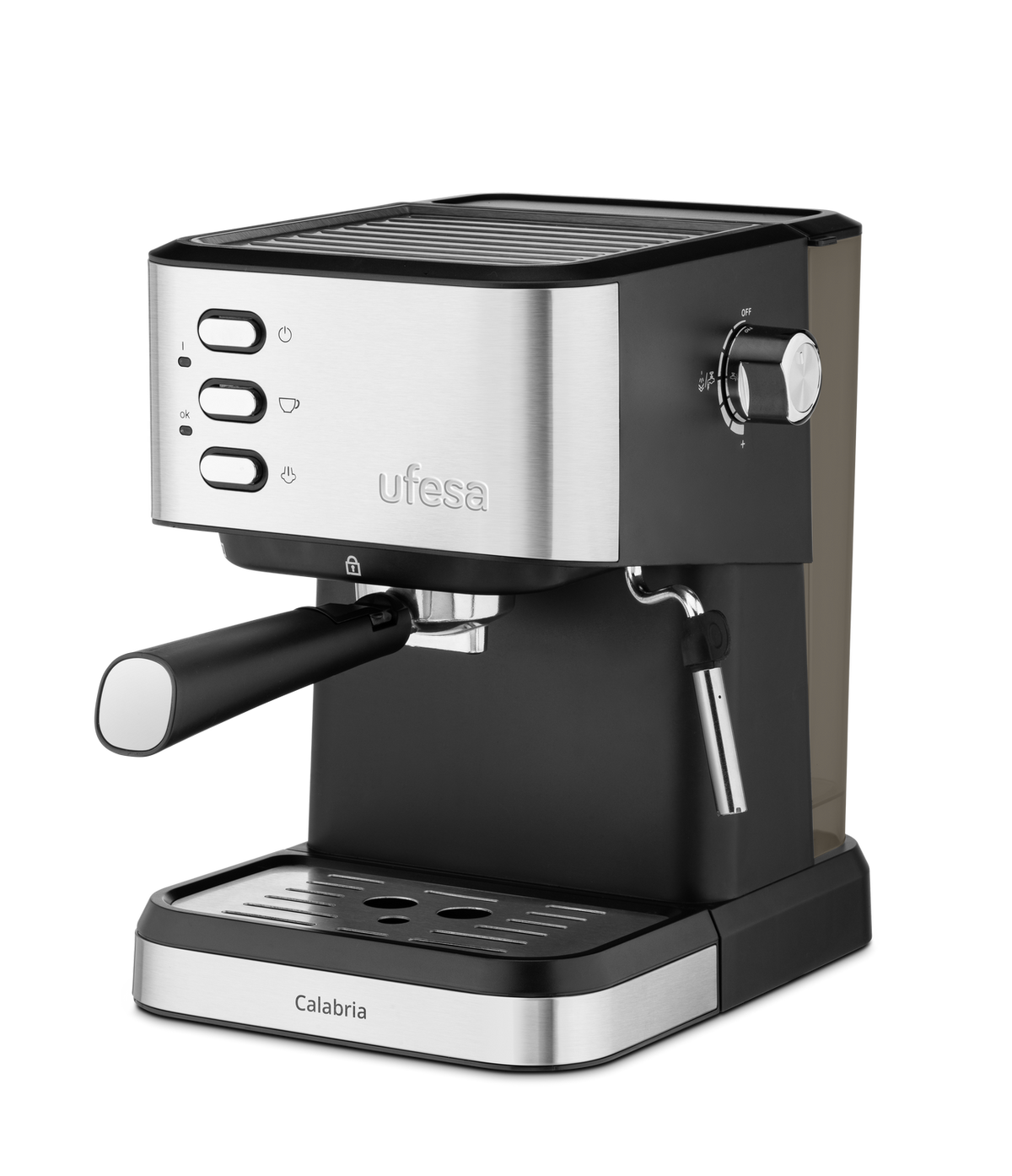 Ekspres do kawy, czarny i srebrny, z trzema przyciskami i pokrętłem.