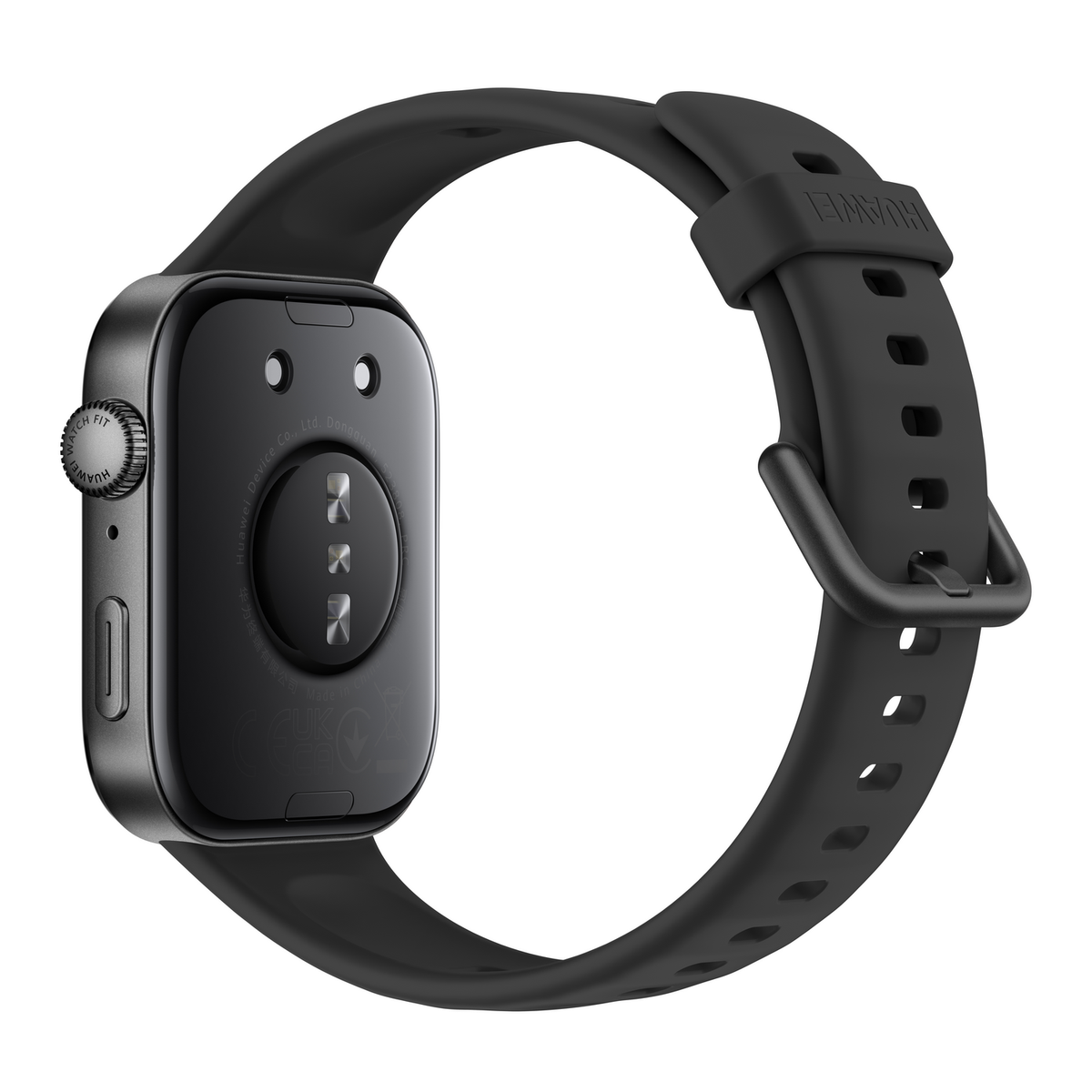 Zwarte smartwatch, met een afgeronde vierkante wijzerplaat en een zwarte band. De achterkant heeft sensoren.