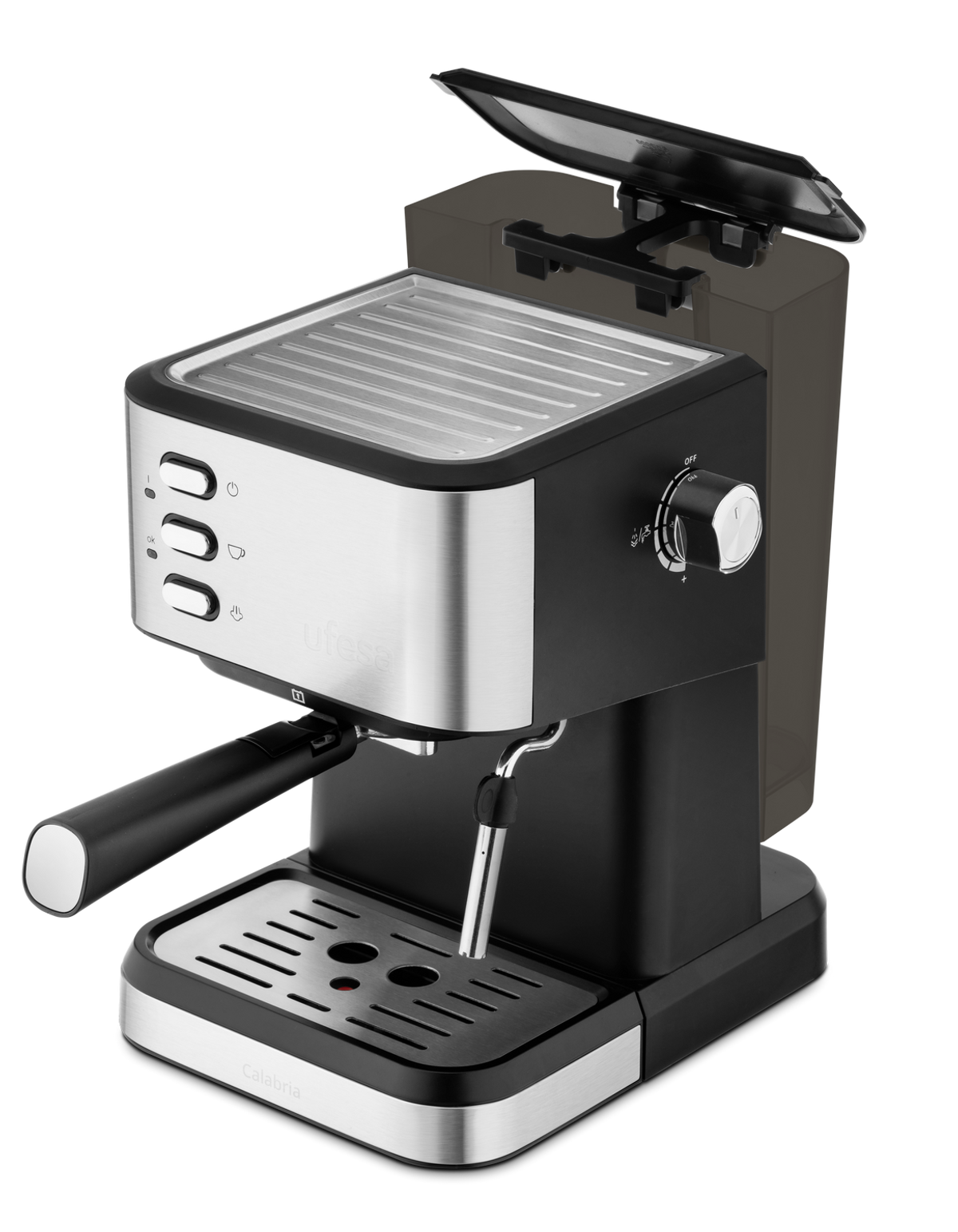 Ekspres do kawy ze srebrną obudową i czarną podstawą. Posiada przyciski i dyszę do spieniania mleka. Tło jest czarne.