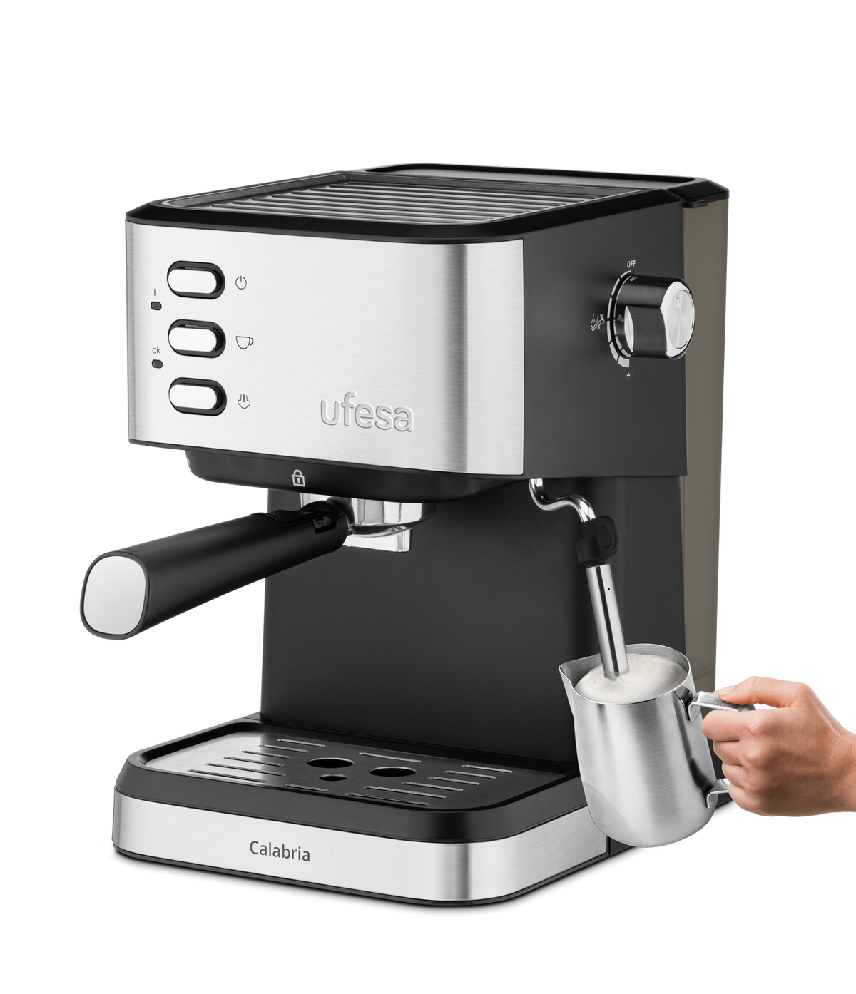 Ekspres do kawy Ufesa w czarno-srebrnej obudowie. Posiada dyszę do spieniania mleka i uchwyt.