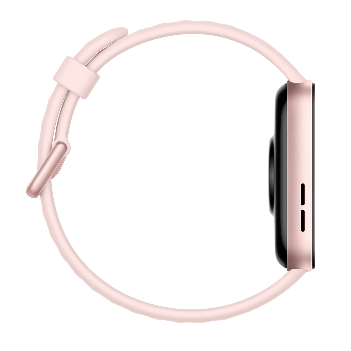 Roségoldene Smartwatch mit hellrosa Armband. Die Uhr ist rechteckig gerundet.