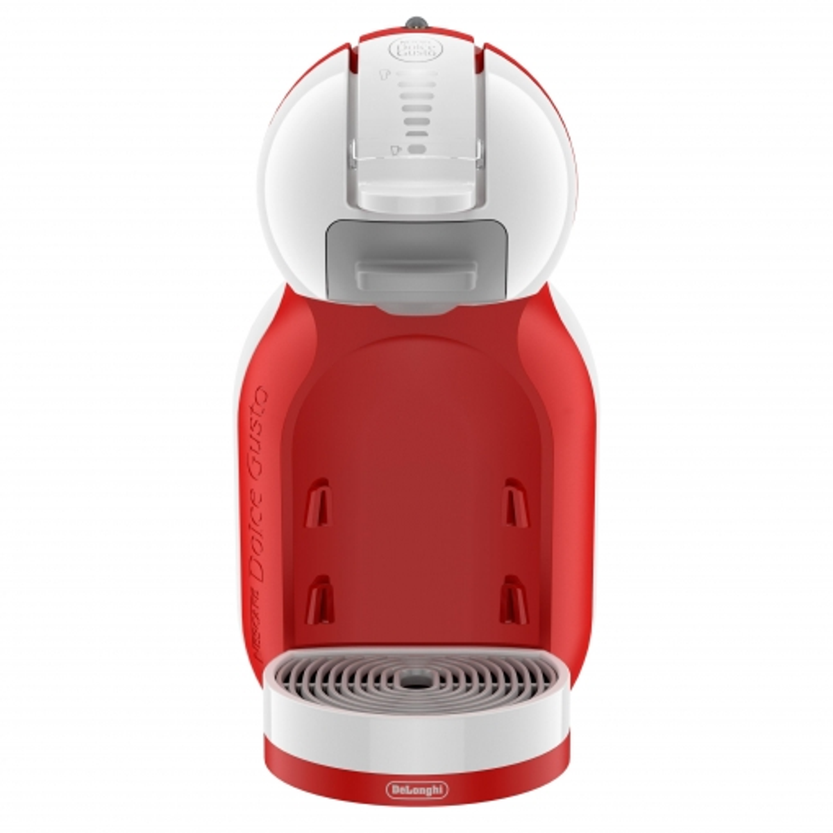 Cafetera Dolce Gusto roja y blanca. Botones blancos, cuerpo rojo y un pequeño soporte para tazas.