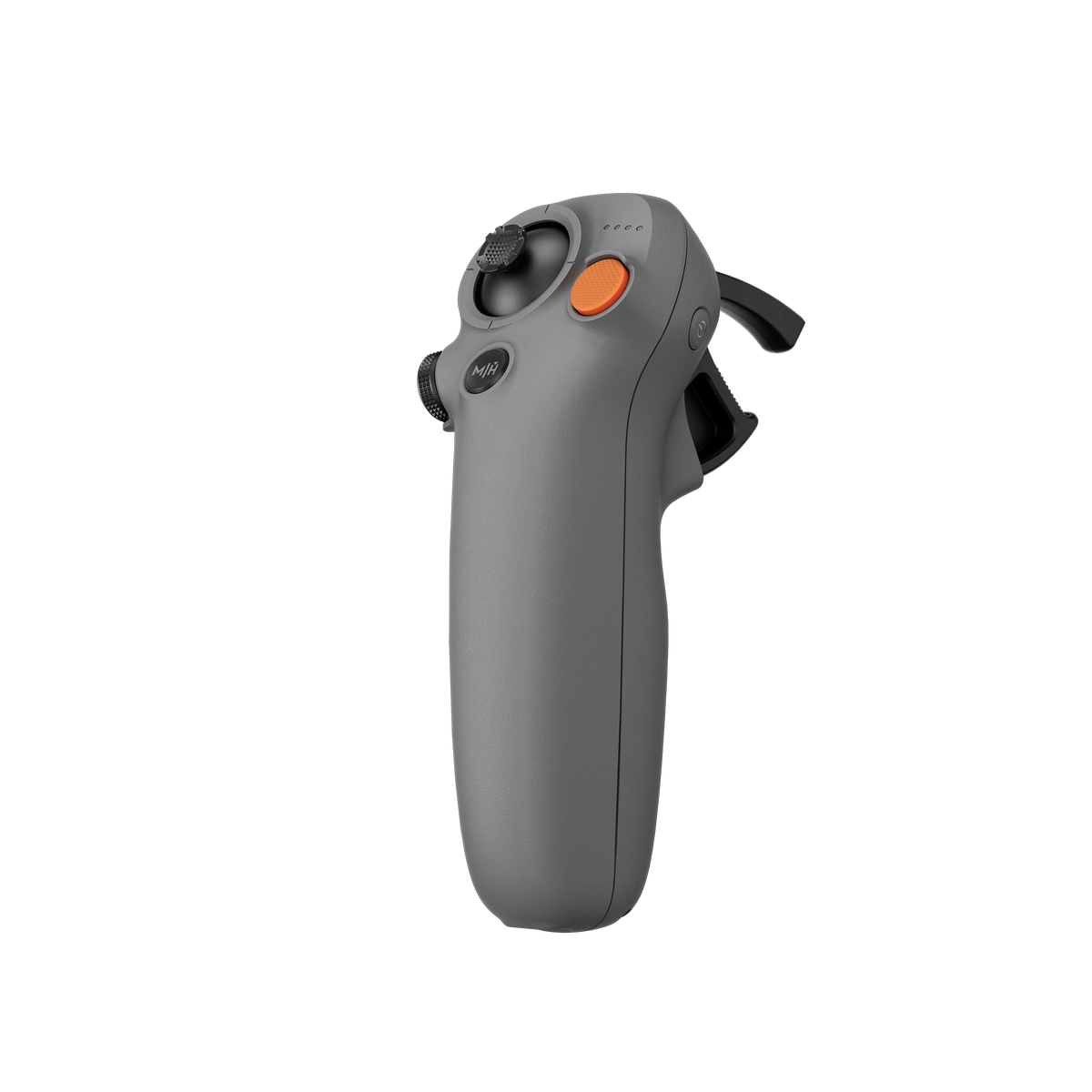 Szary kontroler ręczny z przyciskami i spustem, na czarnym tle.