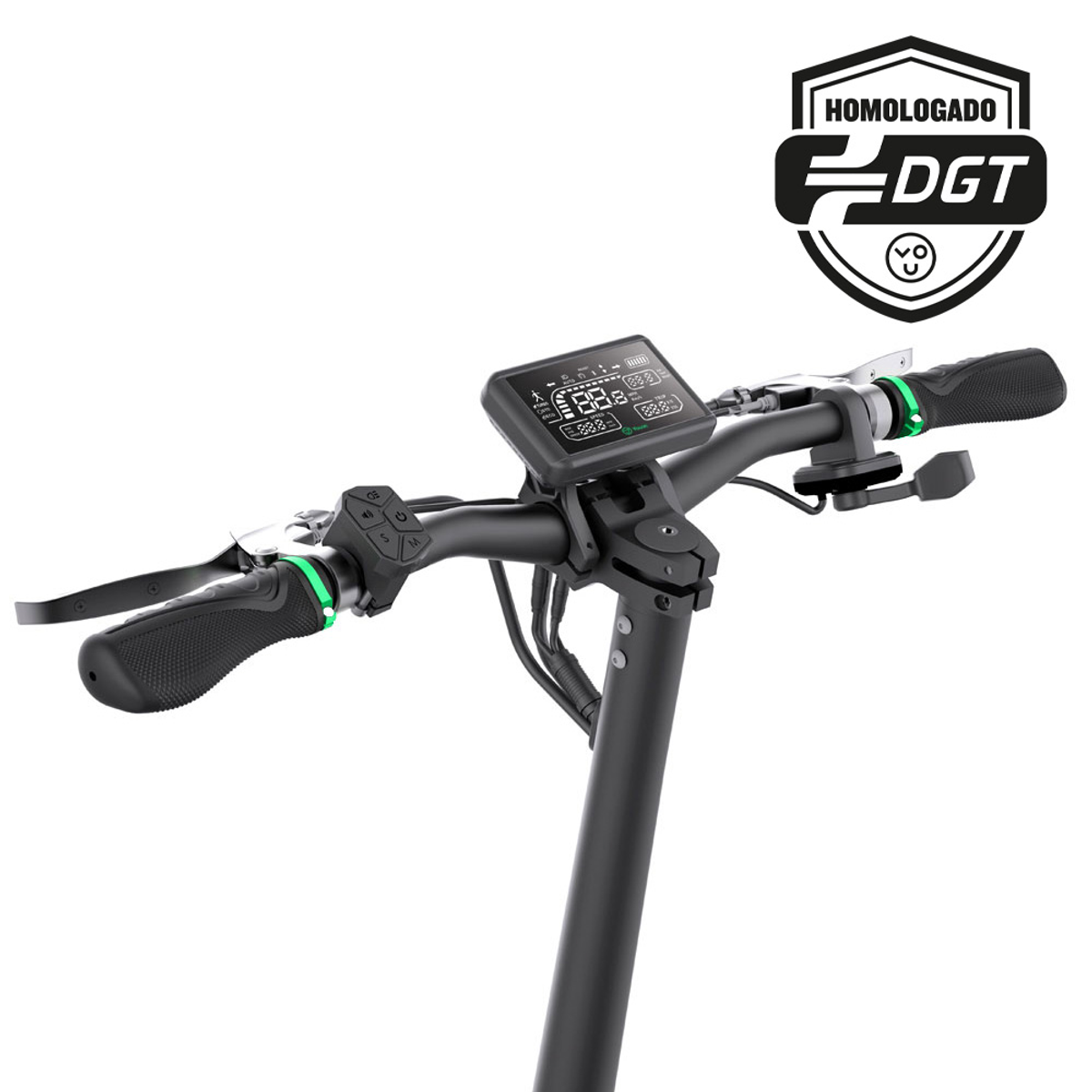 Manillar de patinete con pantalla y controles, logo DGT.