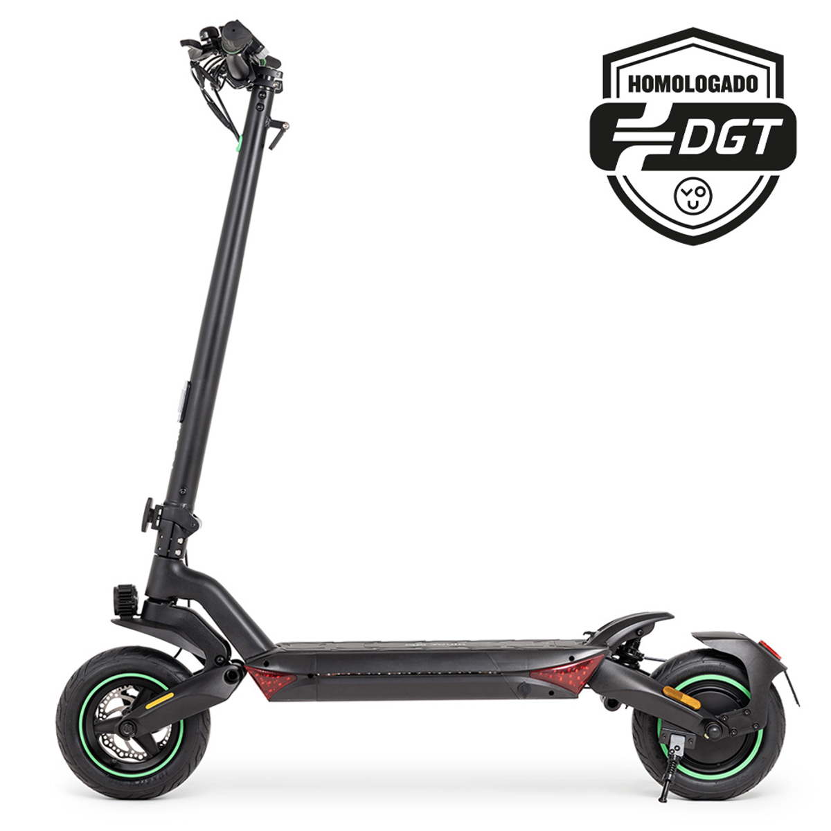 Scooter eléctrico negro con ruedas verdes y logotipo homologado DGT.