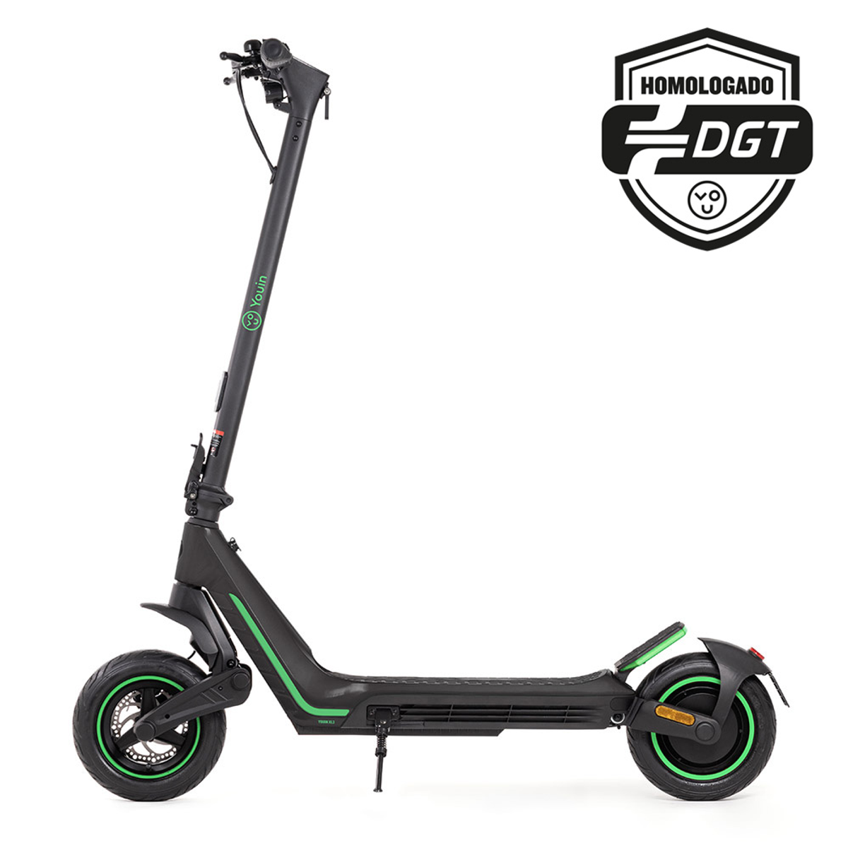 Scooter eléctrico negro y verde. Marca Youn. Logotipo homologado DGT.