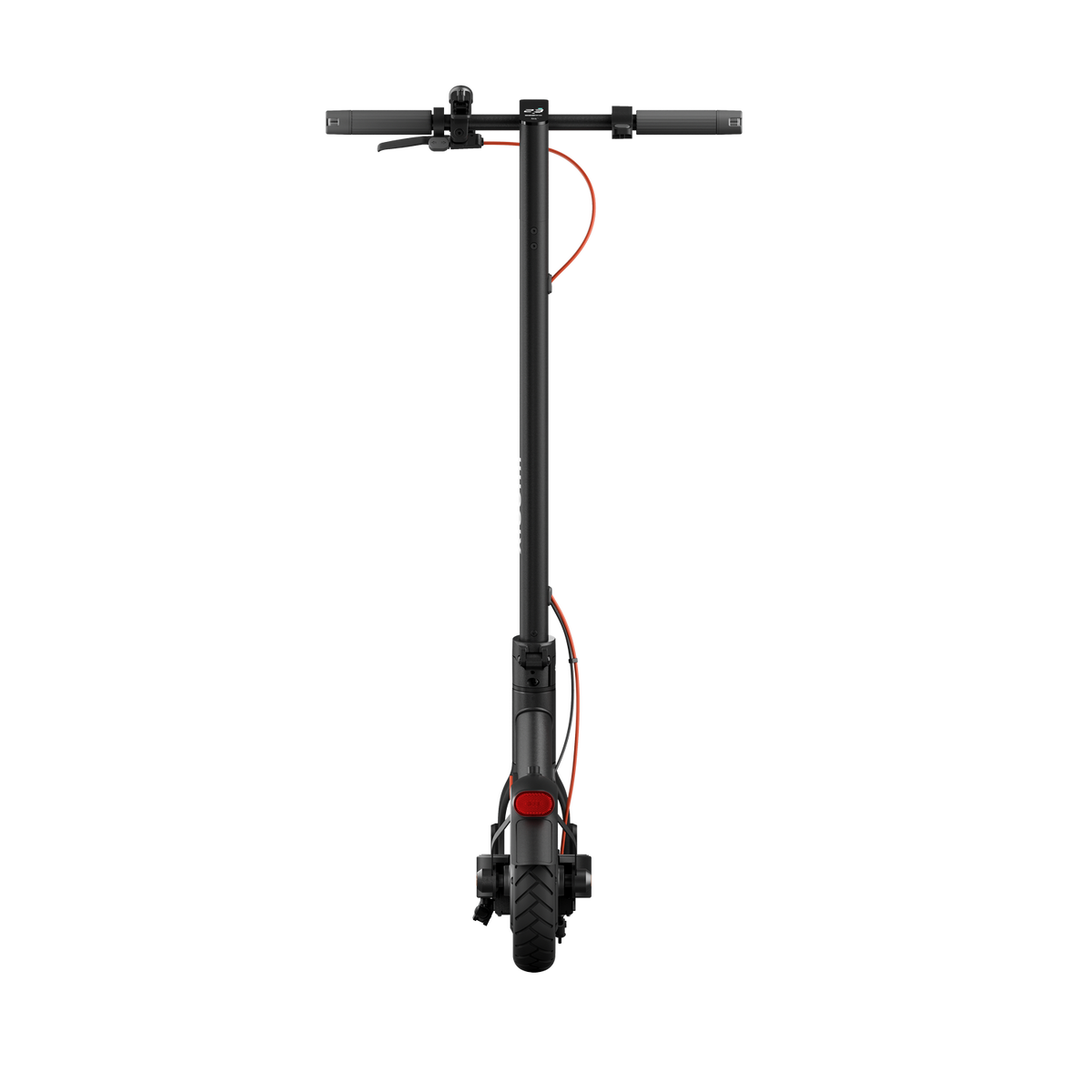 Scooter eléctrico negro desde la vista frontal. Luz trasera roja, cable naranja, fondo negro.