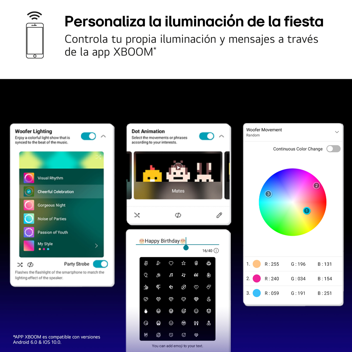Screenshot che mostrano le funzionalità dell'app per personalizzare l'illuminazione della festa con uno smartphone, con esempi.