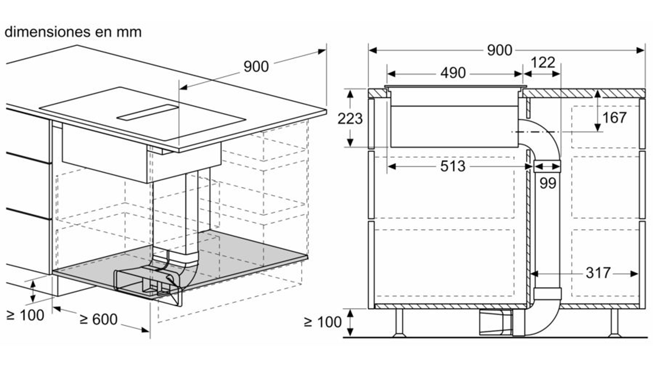 Rysunek techniczny szafki kuchennej z wbudowaną płytą grzejną i wentylacją.