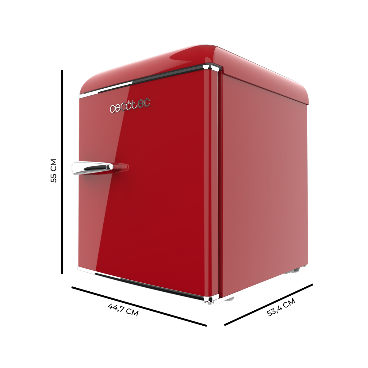 Un mini frigo rosso con maniglia cromata e design retrò su sfondo nero.