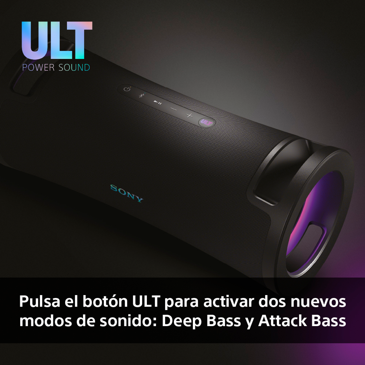 Altoparlante nero con testo ULT Power Sound e un pulsante. C'è anche una luce viola.