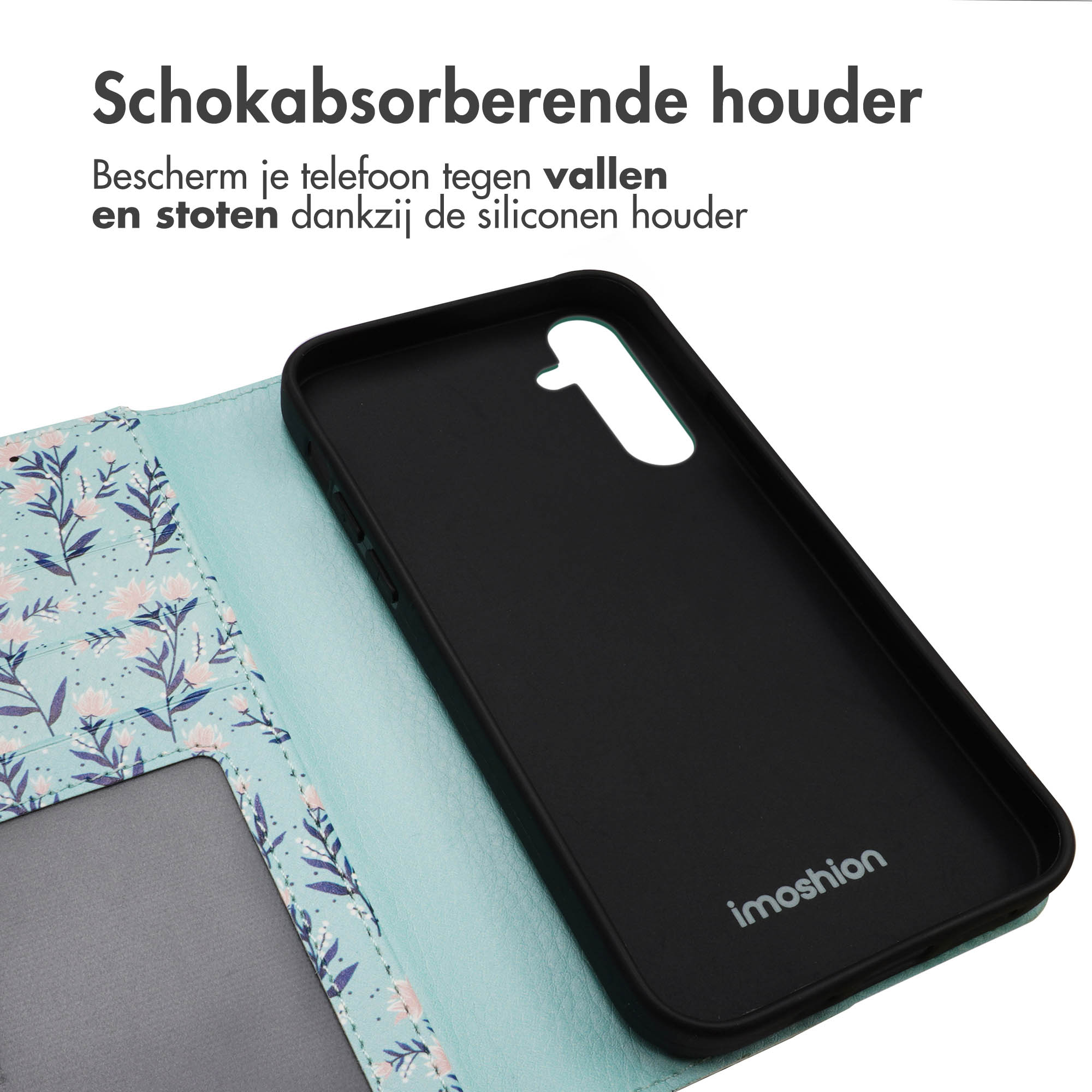 Telefoonhoes open met zwart interieur. Tekst: Schokabsorberende houder.