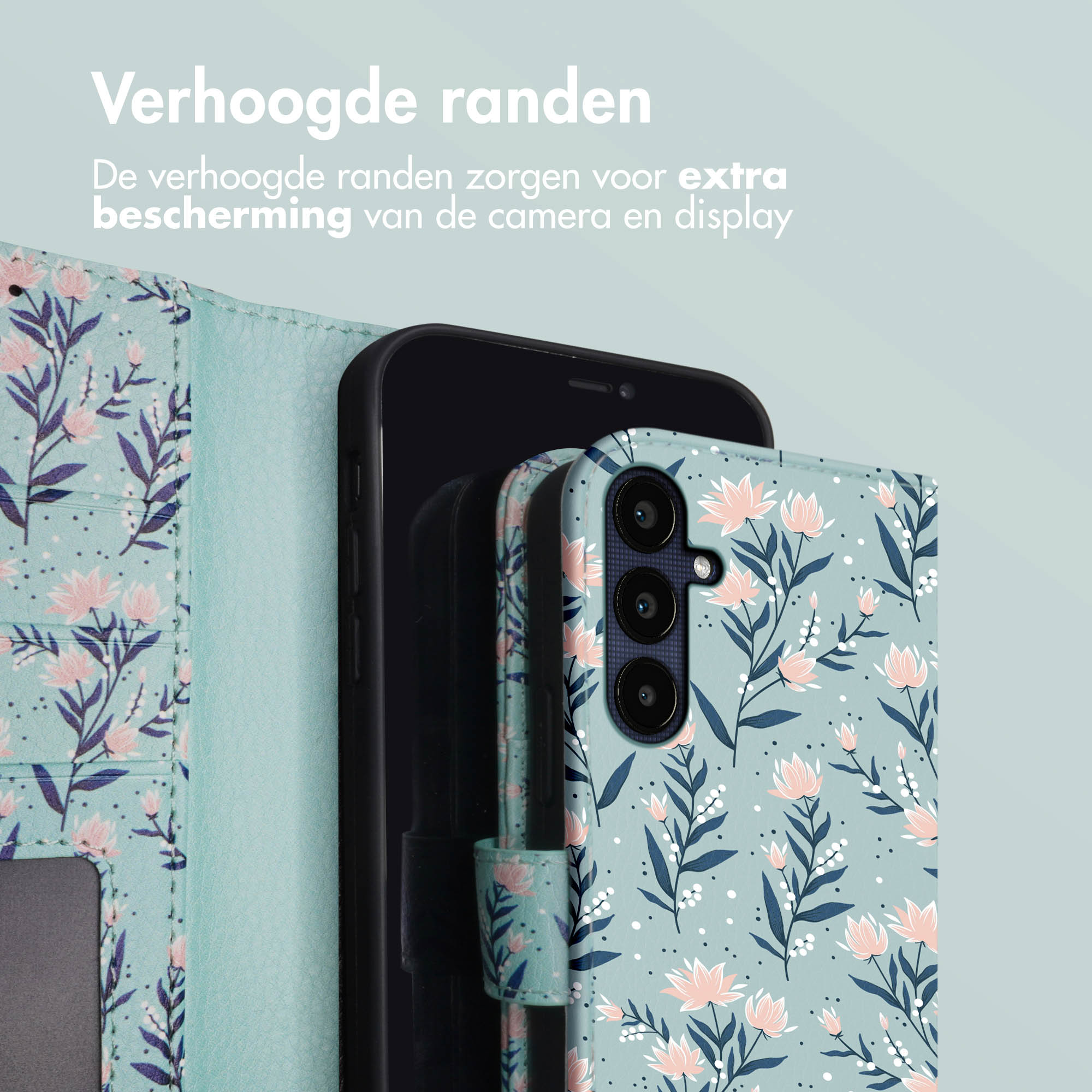 Telefoon in een hoesje met bloemenpatroon, open en toont de telefoon en het scherm.