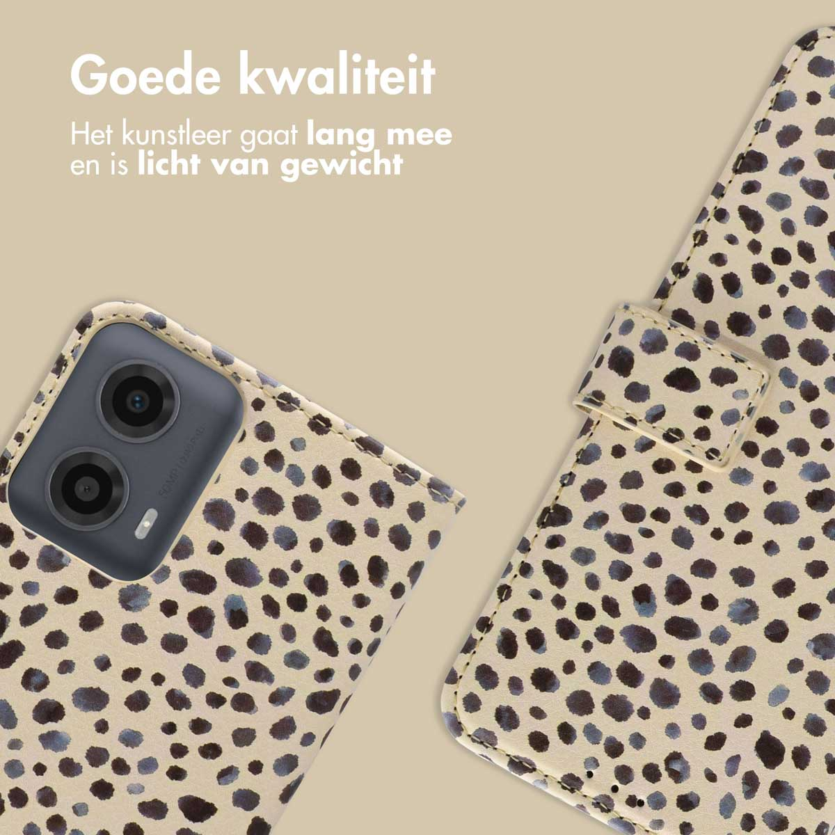 Telefoonhoesje met luipaardprint. Beige achtergrond en close-up.