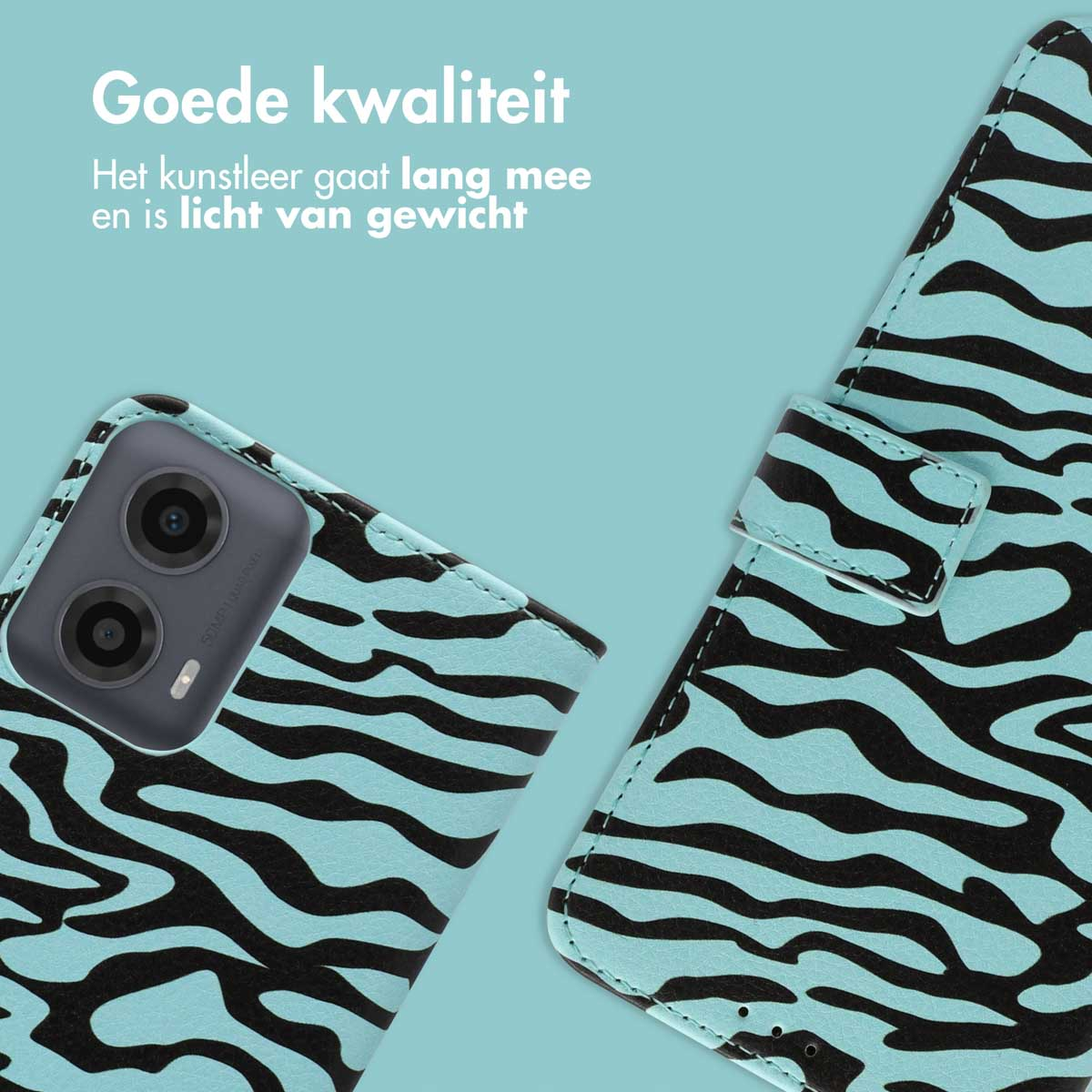 Telefoonhoesje met zebrapatroon. De hoes is open en toont de binnenkant.